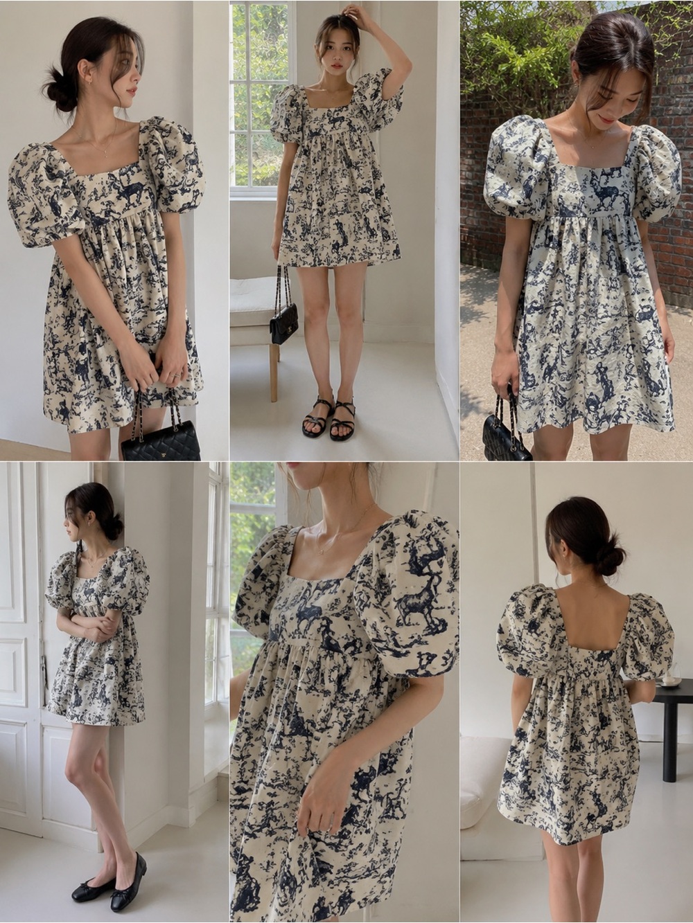 YCH Seoul 2024 Toile Print Puff Sleeve Mini Dress | Size M | Made in Korea